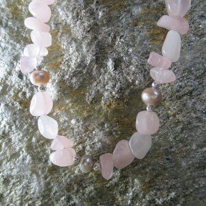 Rose Quartz Pearl Necklace on Sterling Silver, Princess Length